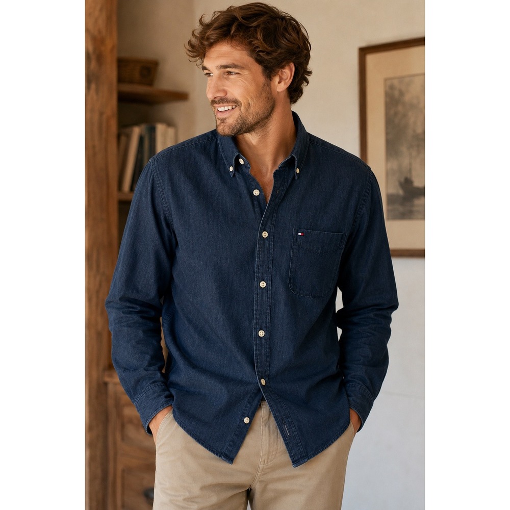 Tommy Hilfiger Men Indigo Denim Shirt Custom Fit Blue Button Down NWT Large